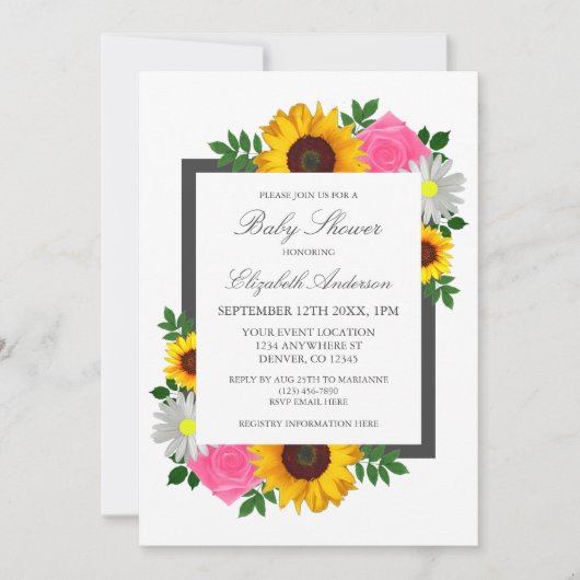 ひまわりバラデイジーフローラベビーシャワー 招待状 (正面)