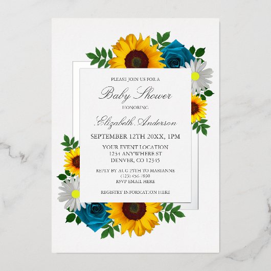 ひまわりバラデイジーフローラベビーシャワー 箔招待状 (正面)