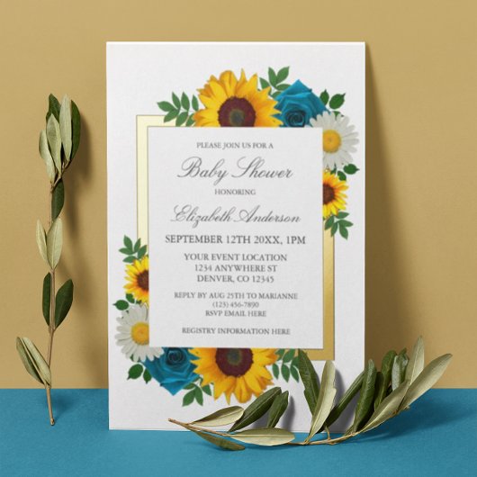 ひまわりバラデイジーフローラベビーシャワー 箔招待状