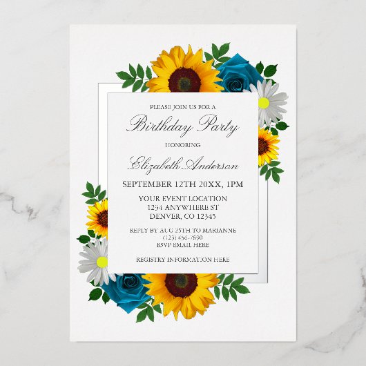 ひまわりバラデイジーフローラ誕生日 箔招待状 (正面)