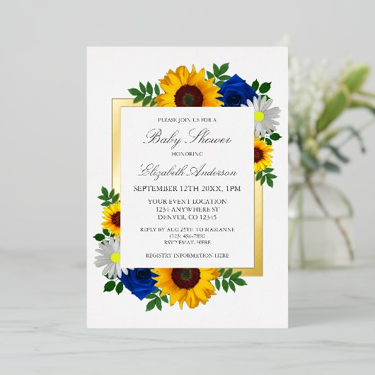 ひまわりバラデイジー秋フローラベビーシャワー 箔招待状 (立ち正面)