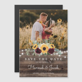 ひまわりバラフォトバーンドウッド日付を保存 マグネット招待状 (正面/裏面)