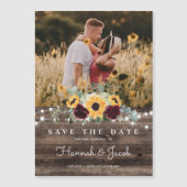 ひまわりバラフォトバーンドウッド日付を保存 マグネット招待状 (正面)