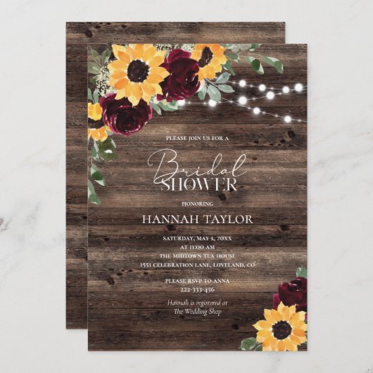 ひまわりバラブルガンディウッドブライダルシャワー 招待状 (正面/裏面)
