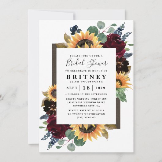 ひまわりバラブルガンディネイビーブルーブライダルシャワー 招待状 (正面)