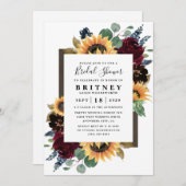 ひまわりバラブルガンディネイビーブルーブライダルシャワー 招待状 (正面/裏面)