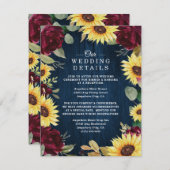 ひまわりバラブルゴーニュ赤とネイビー結婚ブルー エンクロージャーカード (正面/裏面)