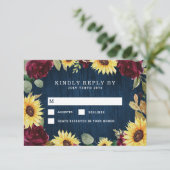 ひまわりバラブルゴーニュ赤とネイビー結婚ブルー 出欠カード (スタンド正面)