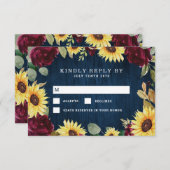 ひまわりバラブルゴーニュ赤とネイビー結婚ブルー 出欠カード (正面/裏面)