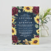 ひまわりバラブルゴーニュ赤とネイビー結婚ブルー 招待状 (スタンド正面)