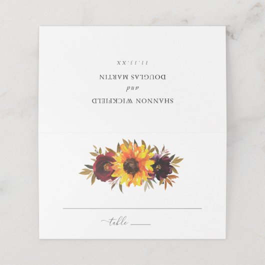 ひまわりバラレッドパープル素朴秋の結婚式 プレイスカード (外部開封)