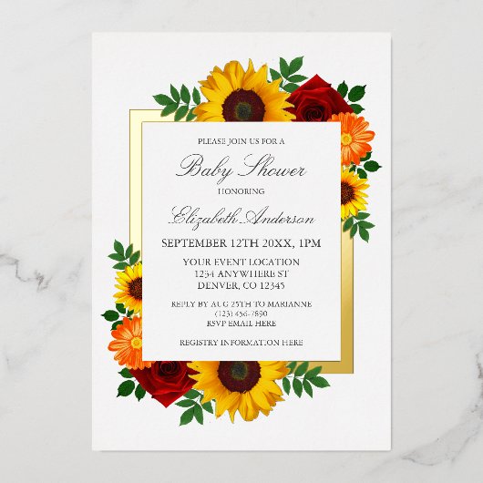 ひまわりバラ秋フローラベビーシャワー 箔招待状 (正面)