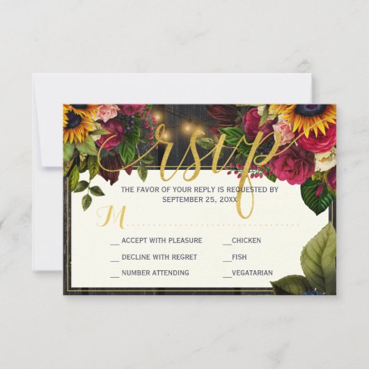 ひまわりバラ素朴な予算結婚式の出欠 ノートカード (正面)