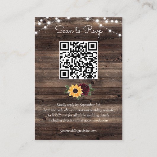 ひまわりバラ素朴ウッド結婚ズQRコードRSVP エンクロージャーカード (正面)
