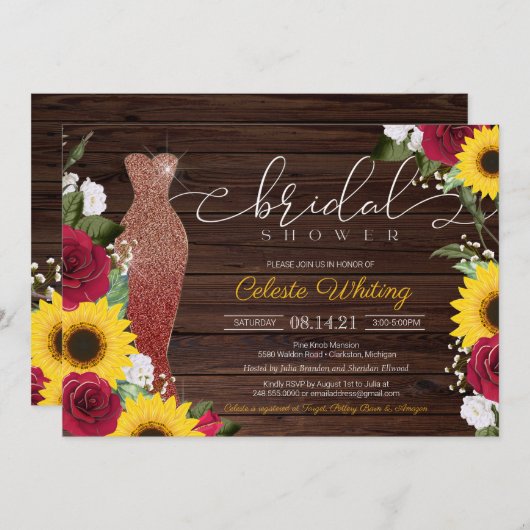 ひまわりバラ素朴グラムブライダルシャワードレス 招待状 (正面/裏面)