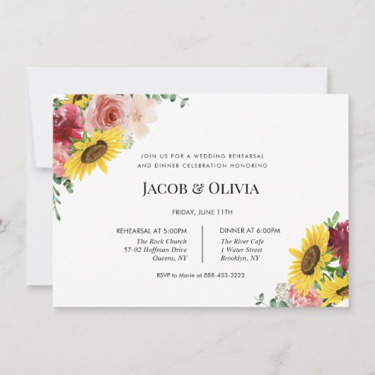 ひまわりバラ結婚ズリハーサルディナー招待状 招待状 (正面)