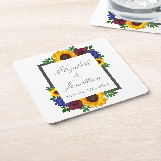ひまわりバラ結婚フローラ スクエアペーパーコースター (アングル)