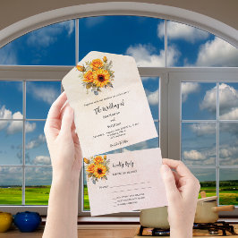 ひまわりバラ金ゴールド結婚式招待状RSVP オールインワン招待状