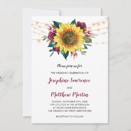 ひまわりバーガンディバラフローラライト結婚ズ 招待状 (正面)