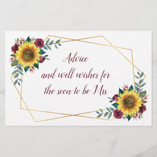 ひまわりバーガンディバラブライダルシャワーアドバイスカード (裏面)