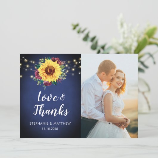 ひまわりバーガンディバラライツネイビー結婚フォト サンキューカード (スタンド正面)