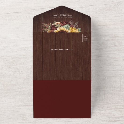 ひまわりバーガンディフローラQRコードウッド結婚ズ オールインワン招待状 (外側)