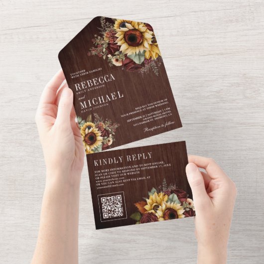 ひまわりバーガンディフローラQRコードウッド結婚ズ オールインワン招待状 (貼ってはがせる)