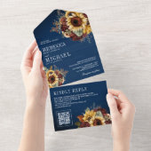 ひまわりバーガンディフローラQRコードネイビー結婚ズ オールインワン招待状 (貼ってはがせる)