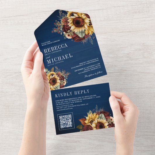 ひまわりバーガンディフローラQRコードネイビー結婚ズ オールインワン招待状 (貼ってはがせる)