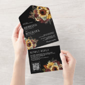 ひまわりバーガンディフローラQRコードブラック結婚ズ オールインワン招待状 (貼ってはがせる)