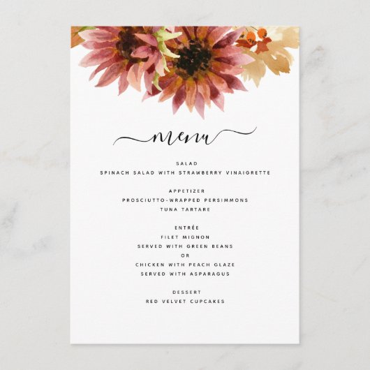 ひまわりバーガンディーカントリーの水の結婚色の メニュー (正面)