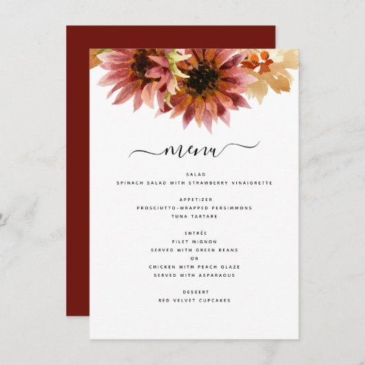 ひまわりバーガンディーカントリーの水の結婚色の メニュー (正面/裏面)