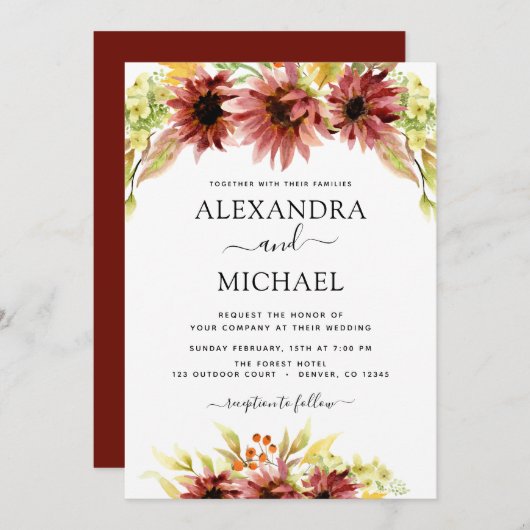 ひまわりバーガンディーカントリーの水の結婚色の 招待状 (正面/裏面)