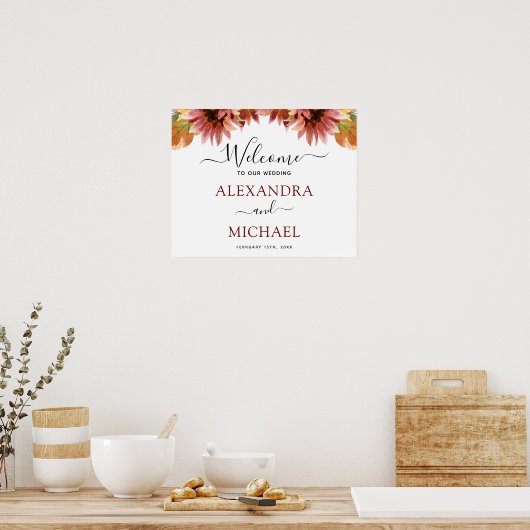 ひまわりバーガンディーカントリーウェディングウェルカムサイン ポスター (キッチン)