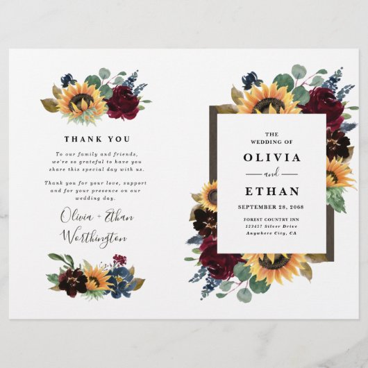 ひまわりバーガンディーブルー折り畳み結婚式 プログラム (正面)