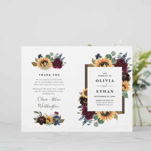 ひまわりバーガンディーブルー折り畳み結婚式 プログラム (スタンド正面)