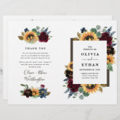 ひまわりバーガンディーブルー折り畳み結婚式 プログラム (正面/裏面)