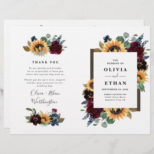 ひまわりバーガンディーブルー折り畳み結婚式 プログラム (正面/裏面)