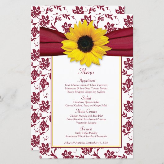 ひまわりバーガンディーホワイトダマスコウェディングメニューカード (正面/裏面)