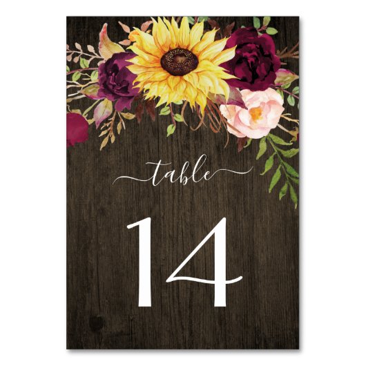 ひまわりバーガンディーレッドロ素朴ーズウッド結婚ズ テーブルナンバー (正面)