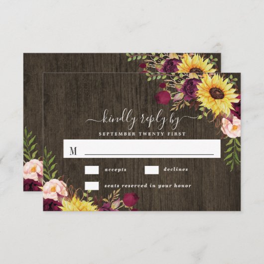 ひまわりバーガンディーレッドロ素朴ーズウッド結婚ズ 出欠カード (正面/裏面)
