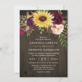 ひまわりバーガンディーレッドロ素朴ーズウッド結婚ズ 招待状 (正面)
