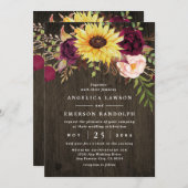 ひまわりバーガンディーレッドロ素朴ーズウッド結婚ズ 招待状 (正面/裏面)