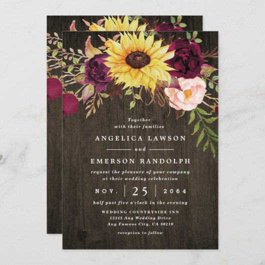 ひまわりバーガンディーレッドロ素朴ーズウッド結婚ズ 招待状 (正面/裏面)