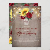 ひまわりバーガンディーレッド素朴秋卒業 招待状 (正面/裏面)