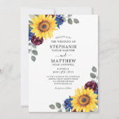 ひまわりバーガンディ海軍の水色のフローラ結婚ズ 招待状 (正面)
