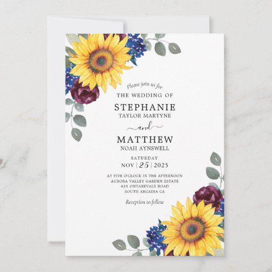 ひまわりバーガンディ海軍の水色のフローラ結婚ズ 招待状 (正面)