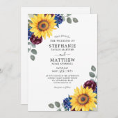 ひまわりバーガンディ海軍の水色のフローラ結婚ズ 招待状 (正面/裏面)