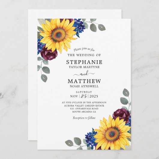 ひまわりバーガンディ海軍の水色のフローラ結婚ズ 招待状 (正面/裏面)