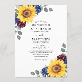 ひまわりバーガンディ海軍の水色のフローラ結婚ズ 招待状